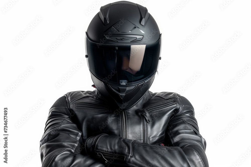 A biker shows off his sleek black helmet against a crisp white backdrop.