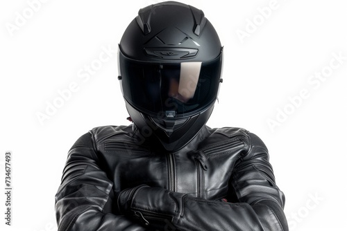 A biker shows off his sleek black helmet against a crisp white backdrop. © tonstock