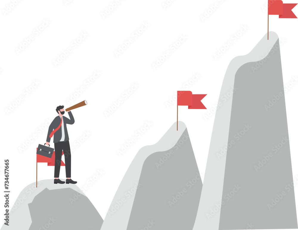 Fototapeta premium Business goals; Businessman looking binoculars on top of the mountain for looking to another next 2024 and 2025 years Concept of investment Vector illustration