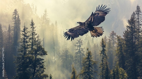 Create a stunning double exposure image of a serene forest landscape blending with a majestic eagle in flight