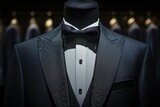 Custom suit tux on mannequin against black backdrop