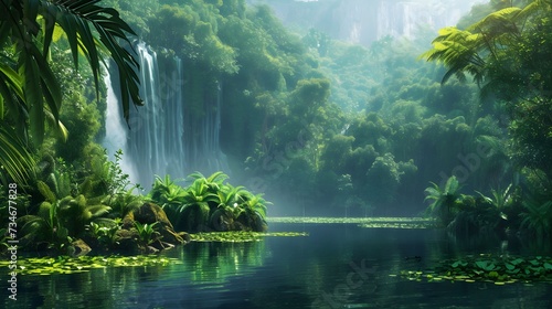 Deep tropical jungles of Southeast Asia in august. Nature landscape. Lake with beautiful waterfall 