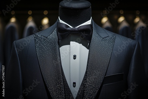 Custom suit tux on mannequin against black backdrop photo