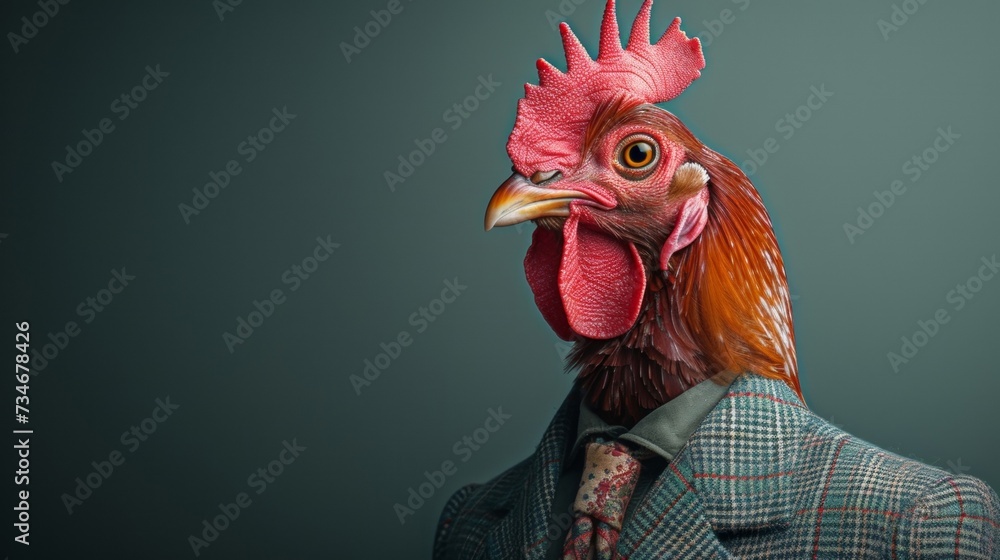A dapper chicken struts its stuff, sporting a sharp suit and sleek tie, embodying the perfect blend of animal charm and human sophistication.