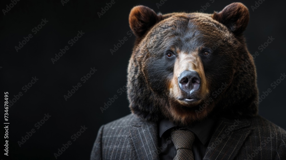 Fototapeta premium Stylish black bear poses confidently in a tailored suit and sleek tie, embodying the perfect blend of animal charm and contemporary fashion.