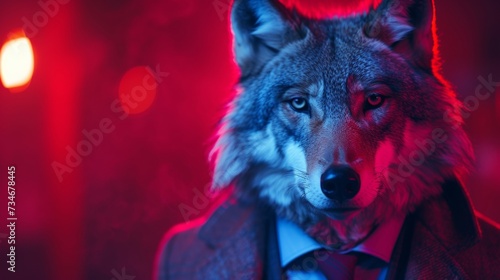 The dapper wolf posed confidently  exuding sophistication in his tailored suit and sleek tie  embodying the perfect blend of beastly charm and human style.