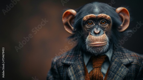 A sophisticated simian, donning a sharp suit and stylish tie, poses with poise in a human-like manner - all captured by Generative AI.