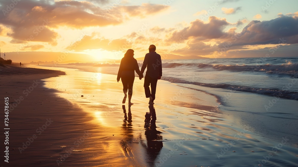 Couple Walking Hand in Hand on the Beach at Sunset