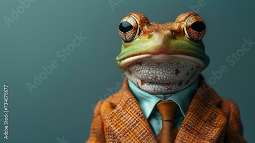 Stylish frog in sleek suit poses confidently, showcasing the latest in amphibian fashion trends.