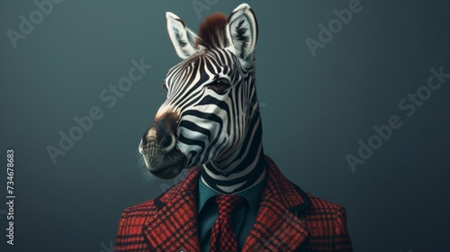 Dapper zebra struts in tailored suit  exuding confidence with a stylish tie - an animal embodying suave sophistication.