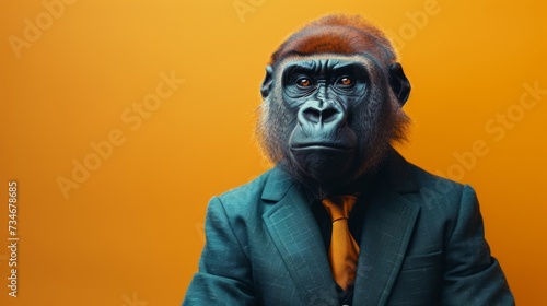 A stylish gorilla poses confidently in a sharp suit and tie, exuding charm in a human-like fashion.