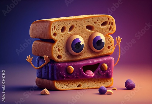 Cute Cartoon Peanut Butter and Jelly Sandwich Character. Generative AI