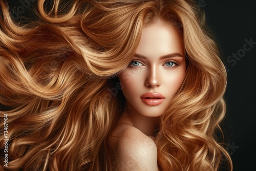 High quality portrait of a beautiful female model with a gorgeous hairstyle and hair color showcasing her long shiny blonde wavy curly hair accompanied by beauty