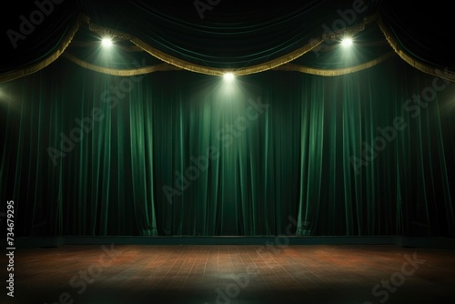 Empty theater stage with green velvet curtains and spotlights for congratulations,green velvet curtains draped on a empty stage. wood floor., AI generated