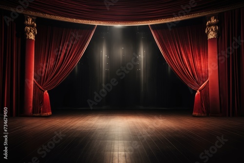 Red velvet curtains draped on an empty stage. wood floor, Empty theater stage with red velvet curtains and spotlights for congratulations., AI generated photo