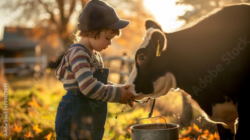 Child milking a cow at a family farm during autumn season photo