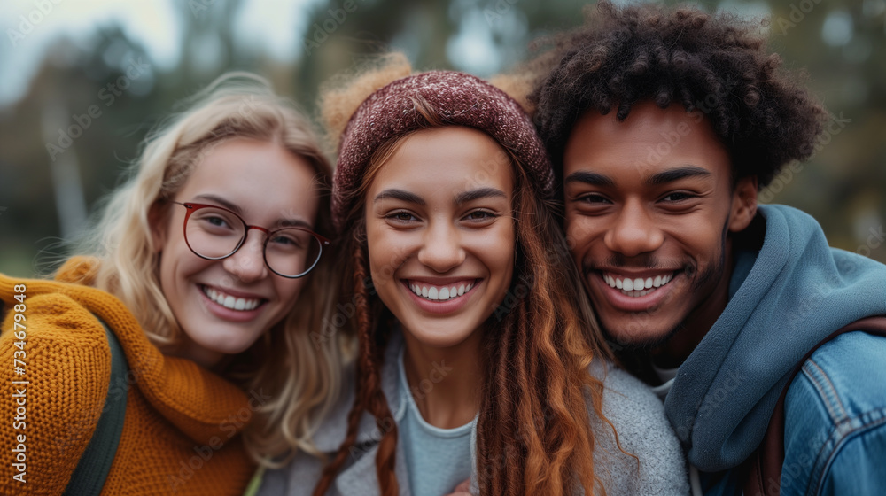 Three diverse college students posing for a photo outside. Three diverse college students posing for a photo outside.