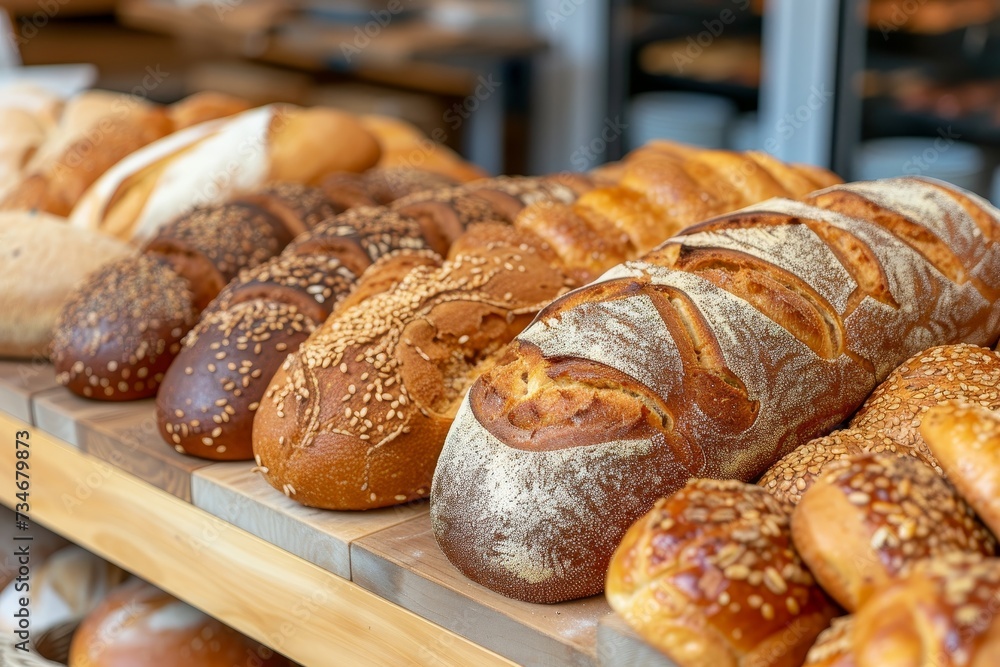 Fresh bread types displayed on a table in bakery Selectively focused image