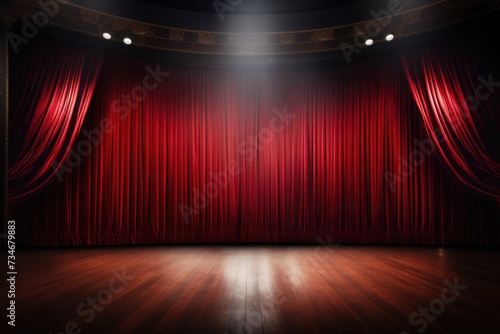 Red velvet curtains draped on an empty stage. wood floor, Empty theater stage with red velvet curtains and spotlights for congratulations., AI generated