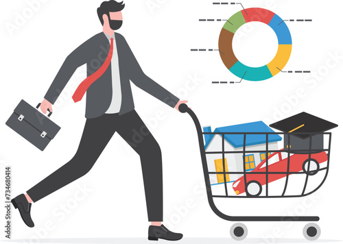 Expense planning, living cost or budget management, debt, bills or credit card payment, personal finance concept, young man with house, car, credit card, education and utilities cost in shopping cart.