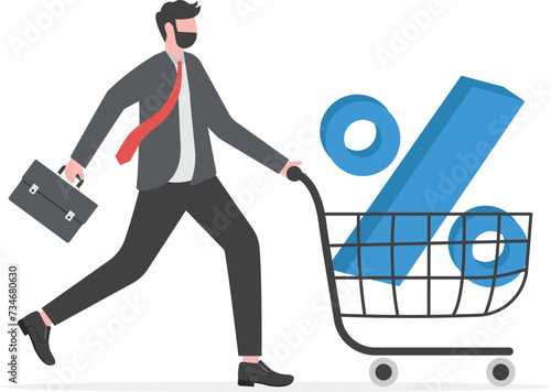 Shopping discount percentage, mortgage loan interest rate or investment earning and profit concept, businessman investor or consumer pushing shopping cart trolley with big percentage sign.

