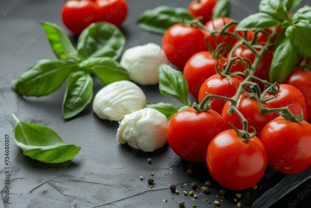 Dark grey background with mozzarella and tomatoes Dark grey background with mozzarella and tomatoes