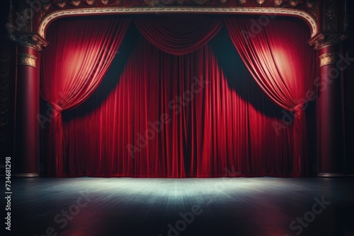 Empty theater stage with red velvet curtains and spotlights for congratulations, red velvet curtains draped on a empty stage. wood floor., AI generated