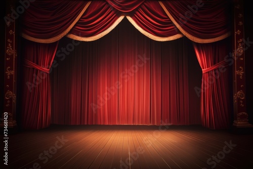 Empty theater stage with red velvet curtains and spotlights for congratulations, red velvet curtains draped on a empty stage. wood floor., AI generated