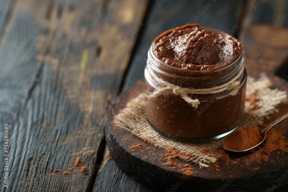 Dark brown wooden board with a jar of chocolate nut paste Dark brown wooden board with a jar of chocolate nut paste