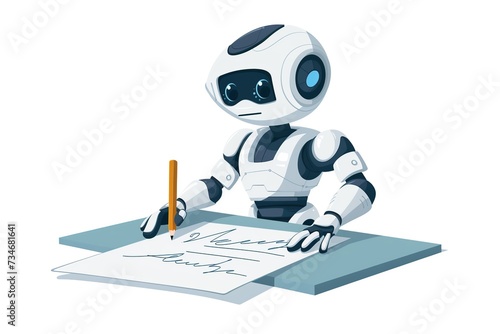 Cute white robot write with pencil on paper sitting at table. Concept of robot writer. photo