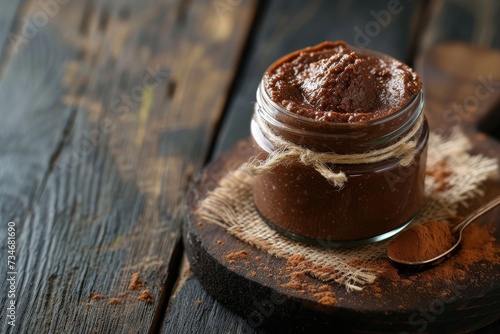 Dark brown wooden board with a jar of chocolate nut paste