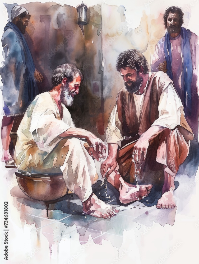 Jesus Washing Peter's Feet in Watercolor Art Generative AI