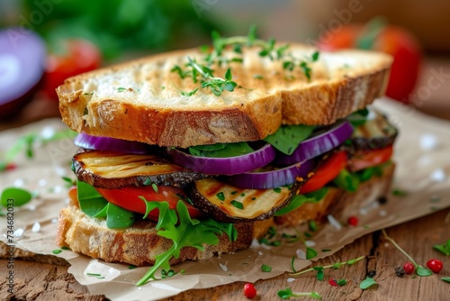 Half cut sandwich with organic veggies on paper and board on table