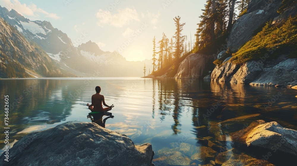 Craft a serene double exposure of a meditating yogi harmonizing with the tranquil waters of a serene mountain lake