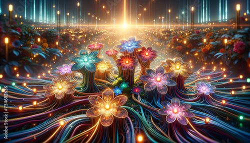 Whimsical garden of glowing, bioluminescent flowers representing TensorFlows neural network. photo