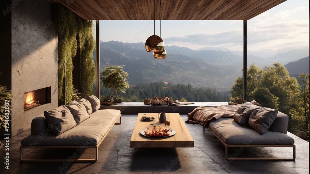 Fototapeta premium Living room interior of a mountain resort for a quiet retreat. Ai generate.