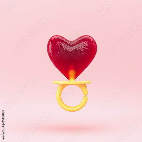 Closeup Red Shape Heart Lollipop Candy ring isolate on pink background. 3D minimal valentine concept idea. © HappyAprilBoy