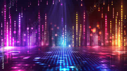 Abstract colorful background with glowing particles and lines.