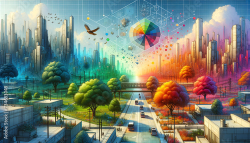 Vibrant Semantic Segmentation: Futuristic cityscape with color-coded elements showcasing precision. photo
