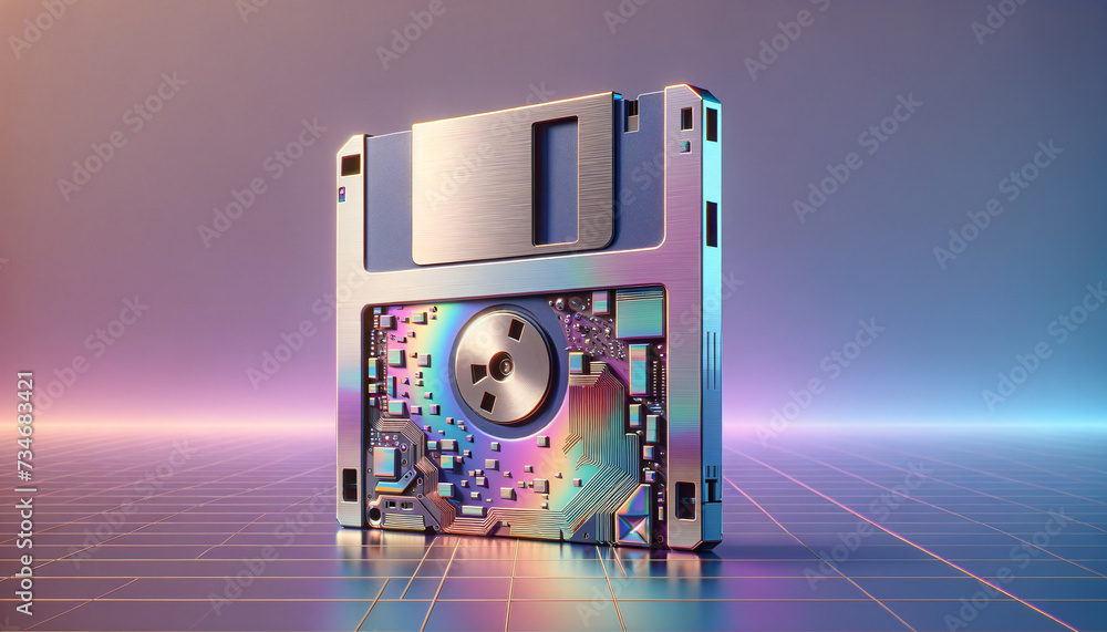 Naklejka premium Y2K-inspired photorealistic image of a reflective floppy drive with digital disintegration effect