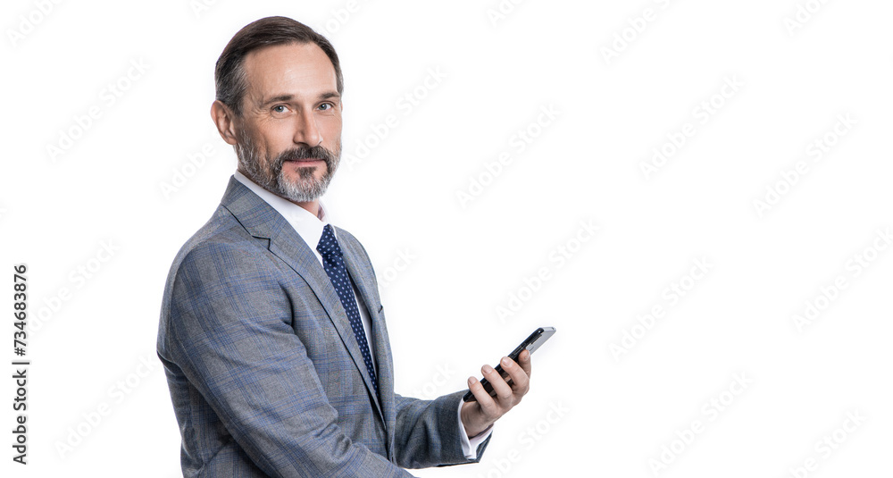 Online business. Business man in suit use phone. Texting businessman chatting in blog. Communication. Businessman texting on phone isolated on white. Business texting message. Trading online Online business. Business man in suit use phone. Texting businessman chatting in blog. Communication. Businessman texting on phone isolated on white. Business texting message. Trading online