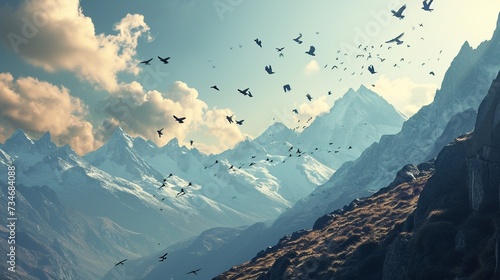 Craft a dreamy scene in which a mountain landscape is intertwined with a flock of migrating birds, symbolizing freedom and exploration