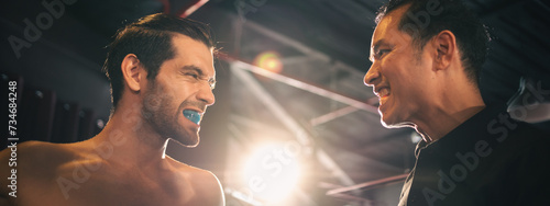 Tableau sur toile Active, athletes and fit men kick boxing and doing sport training workout in a gym