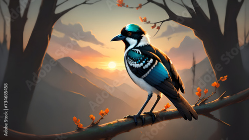 magpie on the branch at sunrise