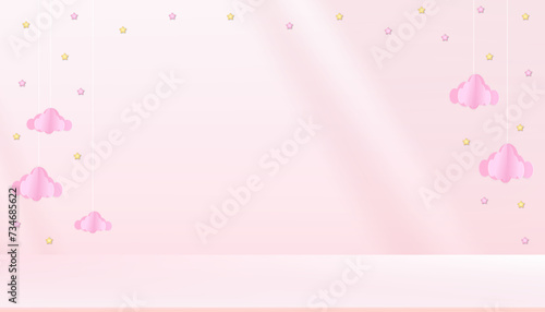 Pink Background,Baby boy shower card,Studio wall room with stars and clouds on Pink sky,Vector illustration Minimal Backdrop Cute paper art with copy space for baby's girl photos