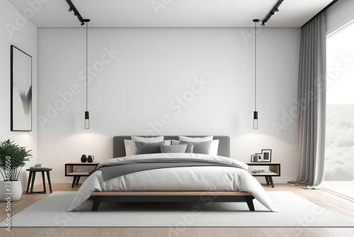 Bedrooms and modern loft style. , Minimalist concept of comfortable white and gray room, bed with wooden floor and white walls, 3D rendering