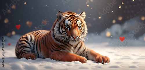 A cute tiger lying on a snow and a  hearts in its paws. Copy space. ai generative