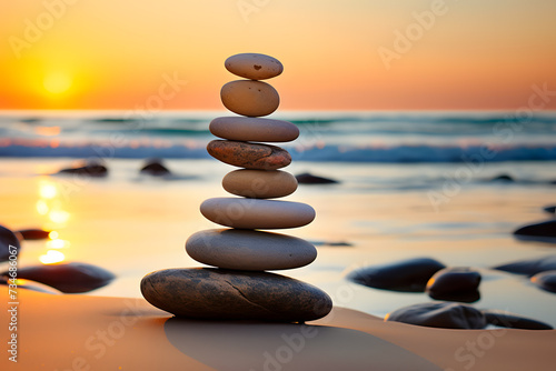 Rock balancing. Stones piled in balanced stacks in front of blurry beach at sunset