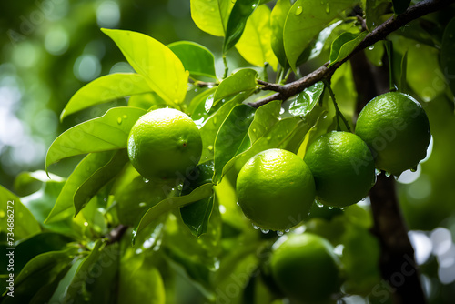 Green lime fruit with water drops growing on tree