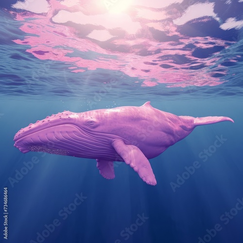 Pink whale swims in the blue ocean underwater.